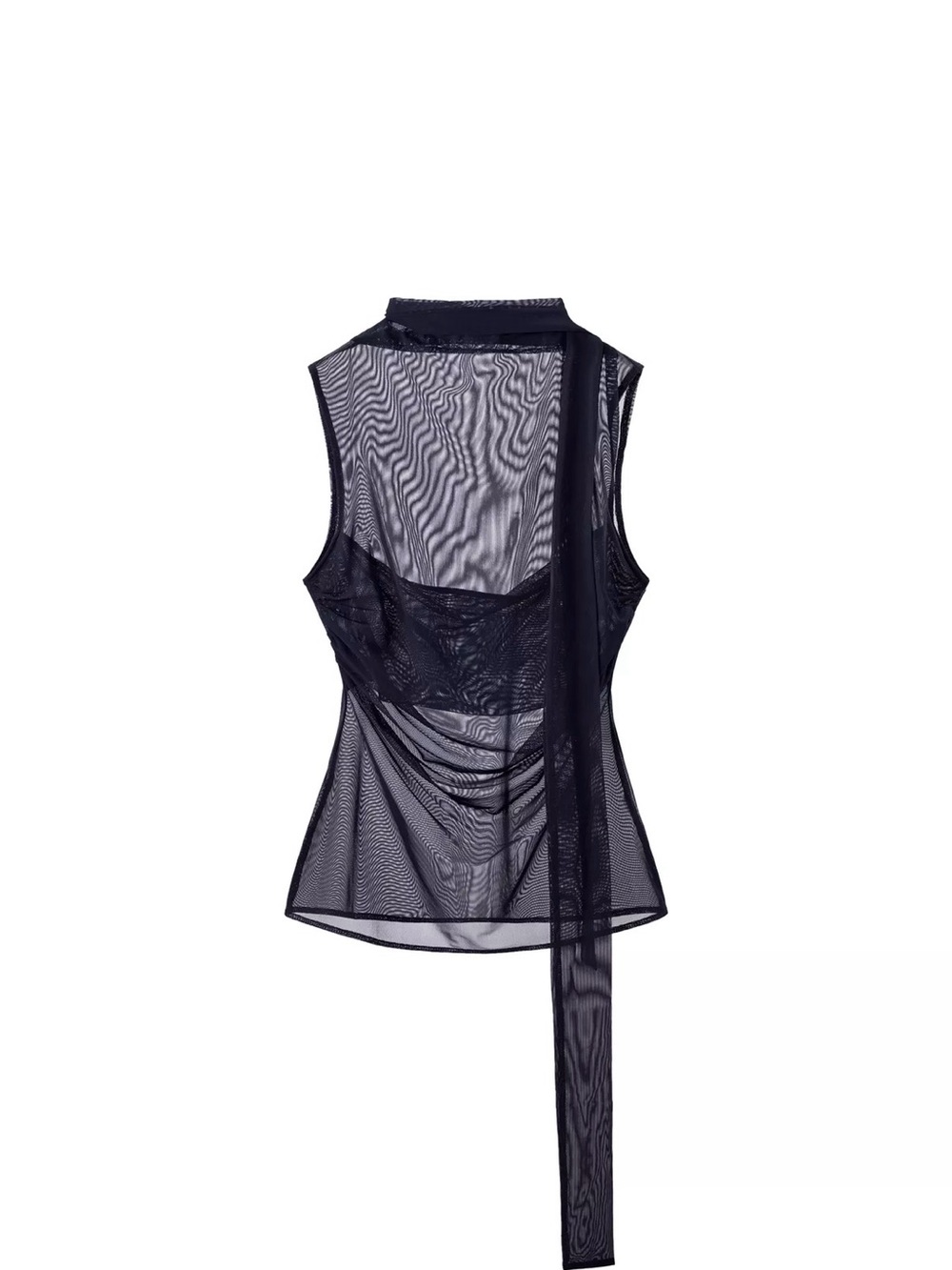 Zara Sheer Sleeveless Mesh Top with Neck Scarf - Black
